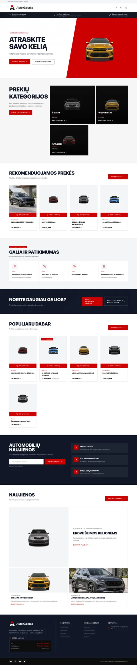 Dizaino „Automobilių prekės“ demo parduotuvės pradžios puslapis