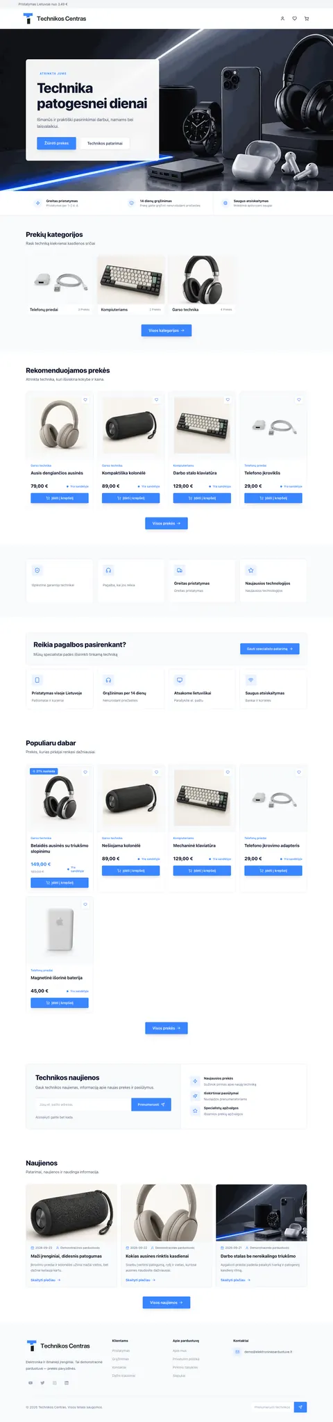 Dizaino „Elektronika“ demo parduotuvės pradžios puslapis