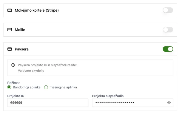 Mokėjimo būdų nustatymai