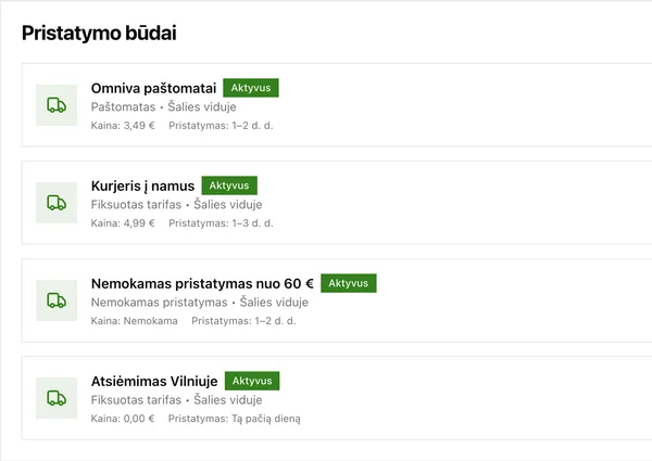 Pristatymo būdų sąrašas su kainomis