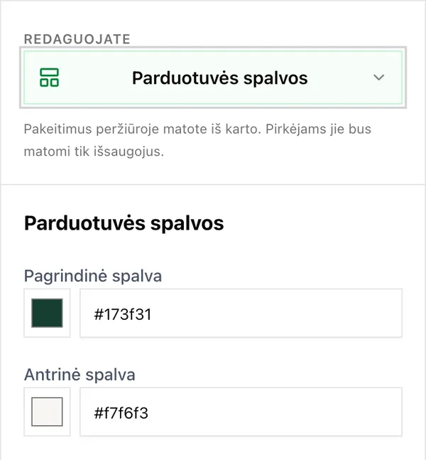Parduotuvės spalvų nustatymai redaktoriuje