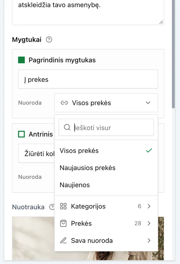 Nuorodos pasirinkimas: visos prekės, naujausios prekės, kategorijos ir prekės