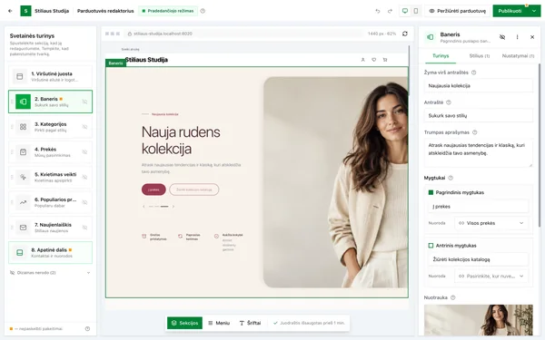 Parduotuvės redaktorius: dalių sąrašas, peržiūra ir banerio laukai
