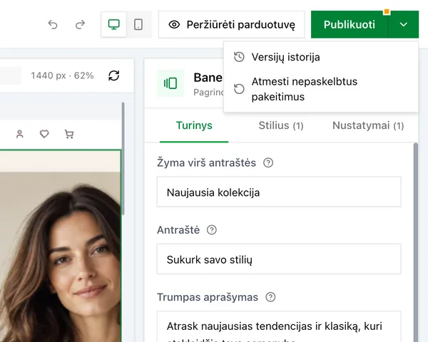 Mygtukas „Publikuoti“ su versijų istorija ir nepaskelbtų pakeitimų atmetimu