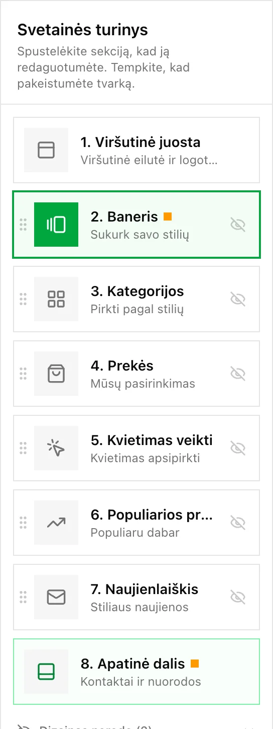 Puslapio dalių sąrašas su tempimo rankenėlėmis ir akutėmis