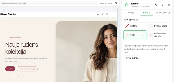Fono spalvos pasirinkimas: be fono, šviesiai pilkas, šiltas, parduotuvės atspalvis