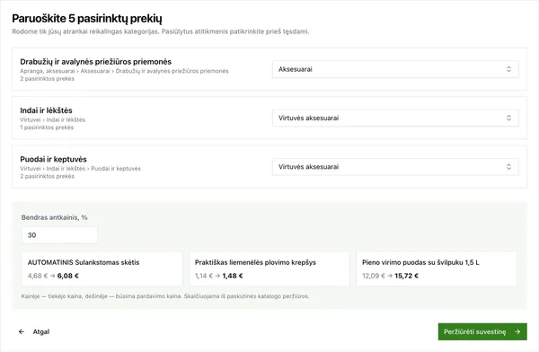 Kategorijų susiejimas ir antkainio peržiūra