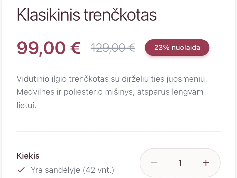 Prekės puslapis parduotuvėje: kaina su nuolaida ir likutis