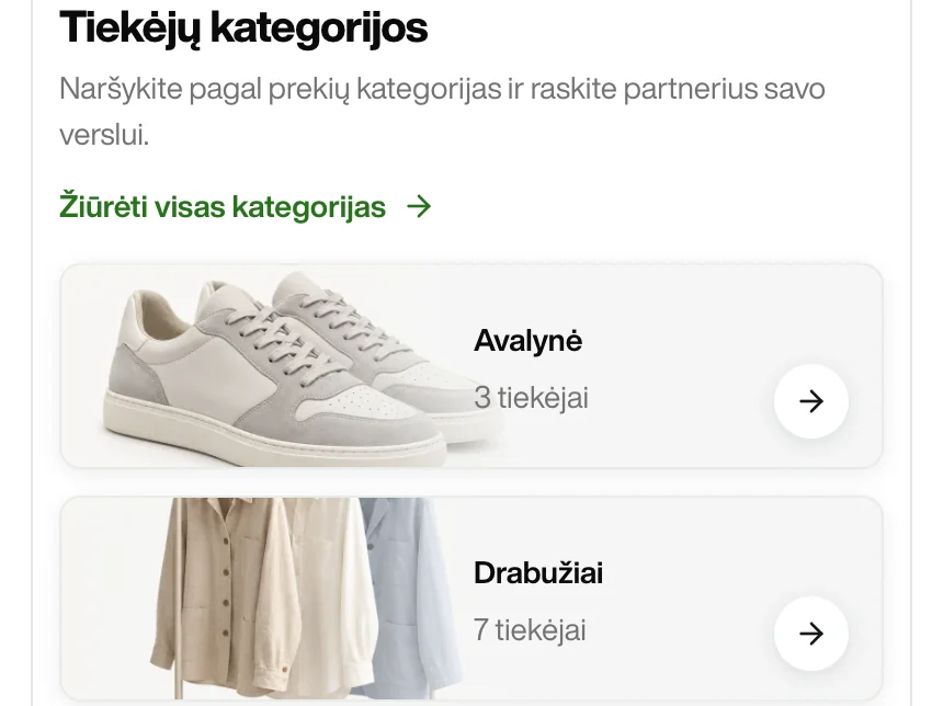 Tiekėjų kategorijos: avalynė, drabužiai
