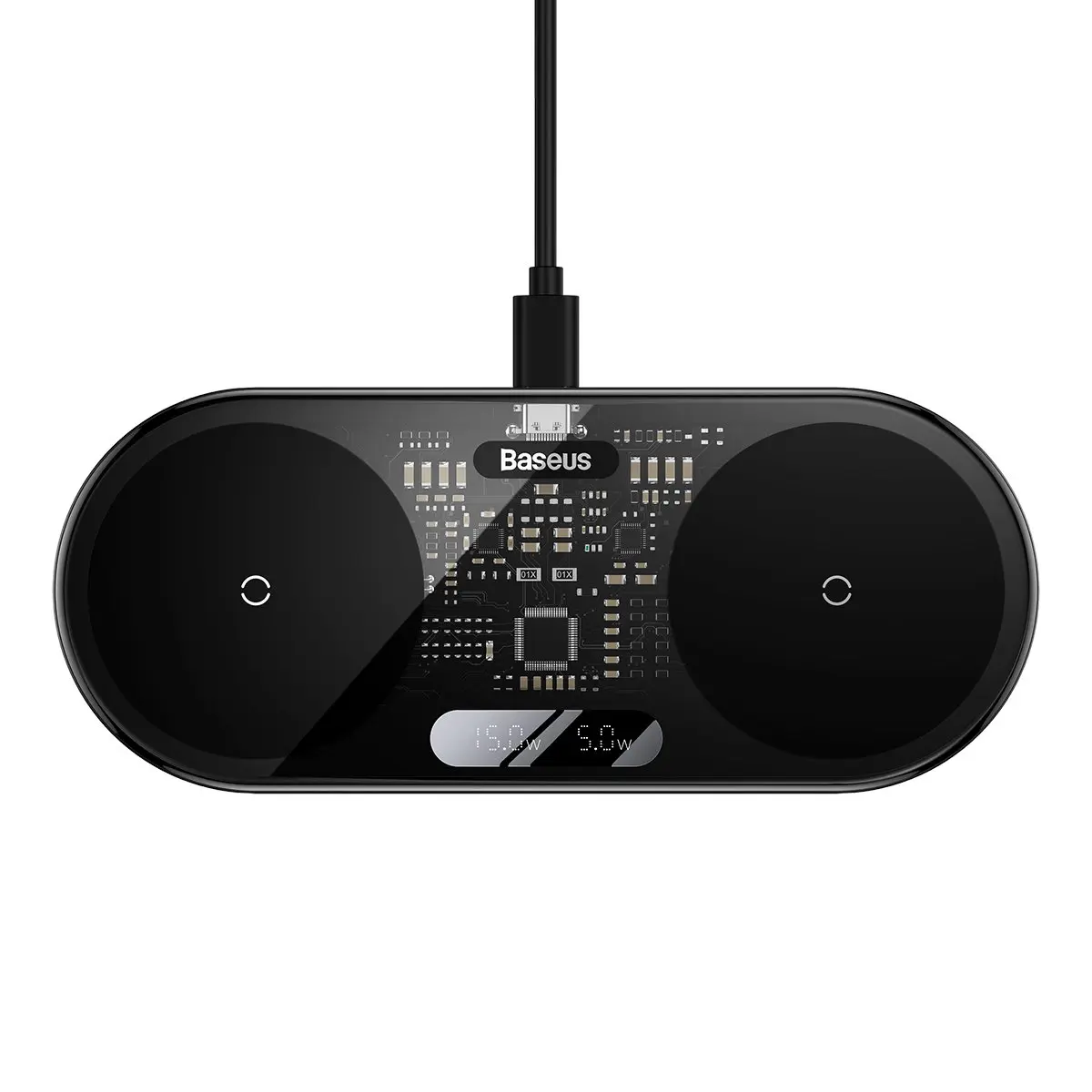 Baseus dvigubas belaidis įkroviklis Qi su ekranu, USB-C, iki 15 W, juodas